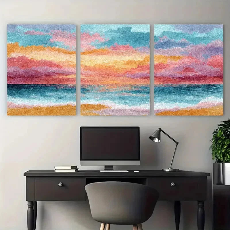 3pcs Pastel Ocean Seascape Orange Prefect Wall Art Set Canvas Framed 40x60cm - High Quality Print 100% Australian Made Wall Canvas Ready to Hang