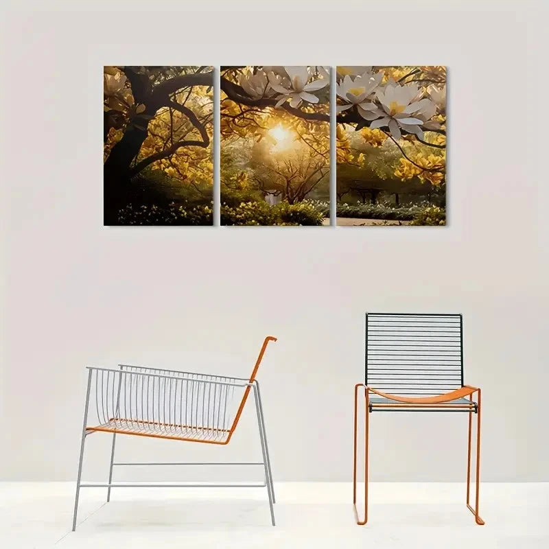 3pcs Golden Magnolia Blossom Painting Metal Print Ready to Hang Art - Bella Home Decor