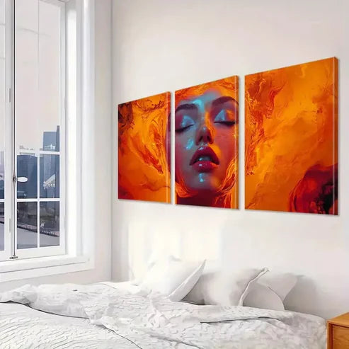 3pcs Fiery Hair Vibrant Orange & Red Abstract   Art Set Canvas Unframed - High Quality Print 100% Australian Made Wall Canvas