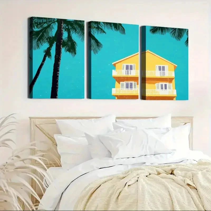 3pcs Blue Background Yellow Three-Story YB   Wall Art Canvas Framed 40x60cm - High Quality Print 100% Australian Made Wall Canvas Ready to Hang - Bella Home Decor