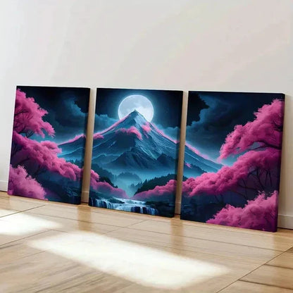 3pcs Mountain Under Full Moon Cherry Blossom  Wall Art Set Canvas Unframed - High Quality Print 100% Australian Made Wall Canvas