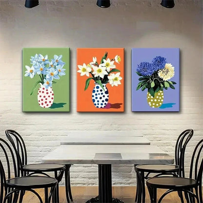 3pcs Polka Dot Vases with Daffodils Perfect Wall Art Set Canvas Framed 60x90cm - High Quality Print 100% Australian Made Wall Canvas Ready to Hang