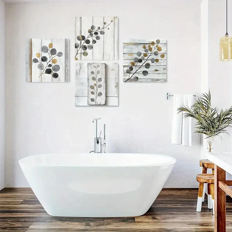 4pcs Gray And Golden Paintings, Leaf Wall Art Canvas Framed