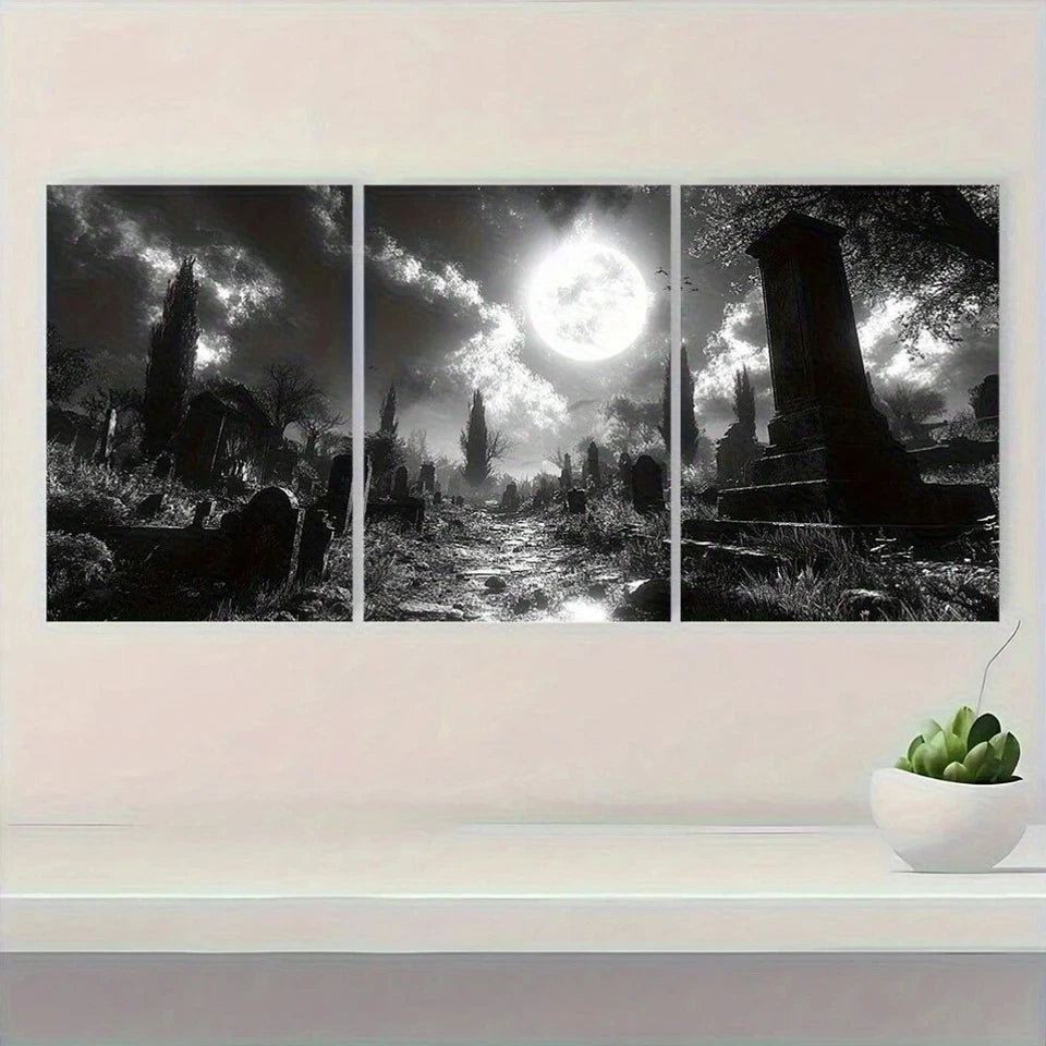 3pcs Creepy Haunted Cemetery Black & White Metal Print Ready to Hang Art - Bella Home Decor
