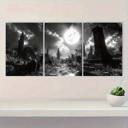 3pcs Creepy Haunted Cemetery Black & White Metal Print Ready to Hang Art - Bella Home Decor