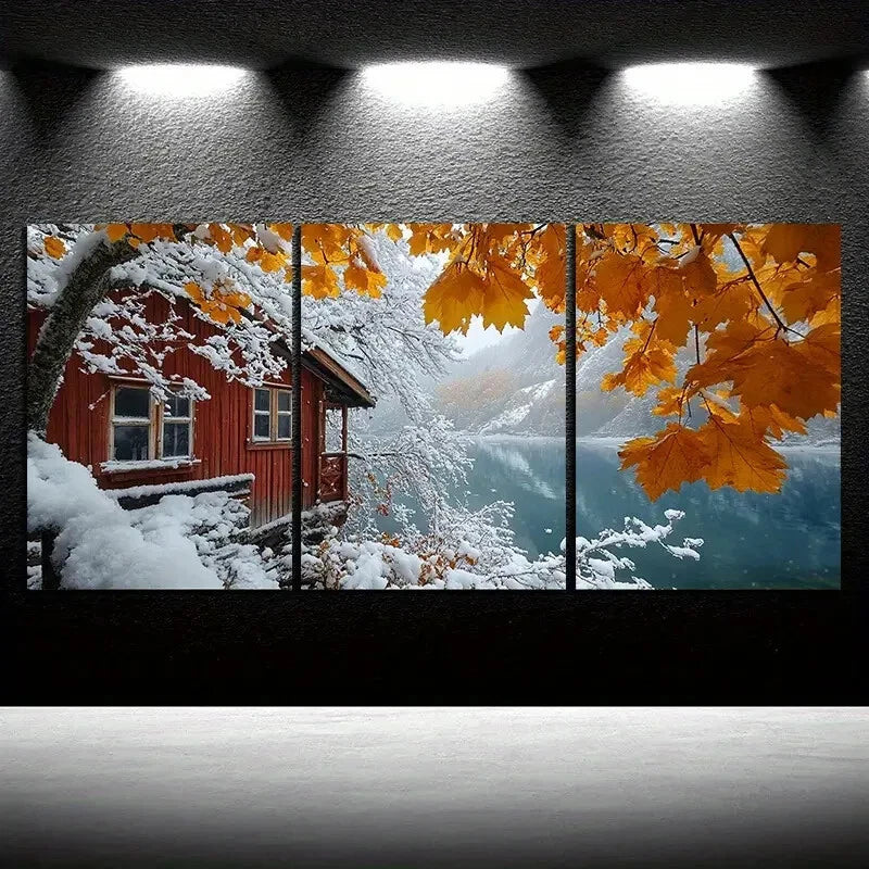 3pcs Snowy Cabin Watercolor Style Metal Print Ready to Hang Art - Bella Home Decor