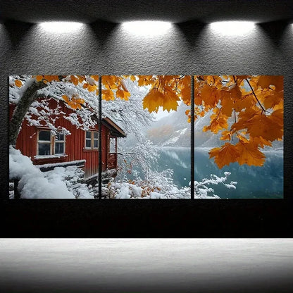 3pcs Snowy Cabin Watercolor Style Metal Print Ready to Hang Art - Bella Home Decor