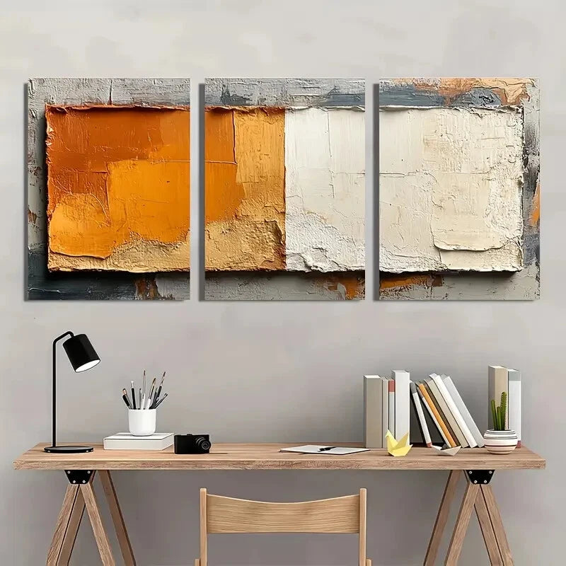3pcs Brown and Beige Geometric Abstract Texture Metal Print Ready to Hang Art - Bella Home Decor