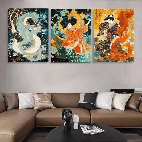 3pcs Japanese Mythology Geisha Dragon Perfect Art Set Canvas Unframed - High Quality Print 100% Australian Made Wall Canvas