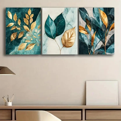 3pcs Elegant Golden & Teal Leaves Metal Print Ready to Hang Art - Bella Home Decor