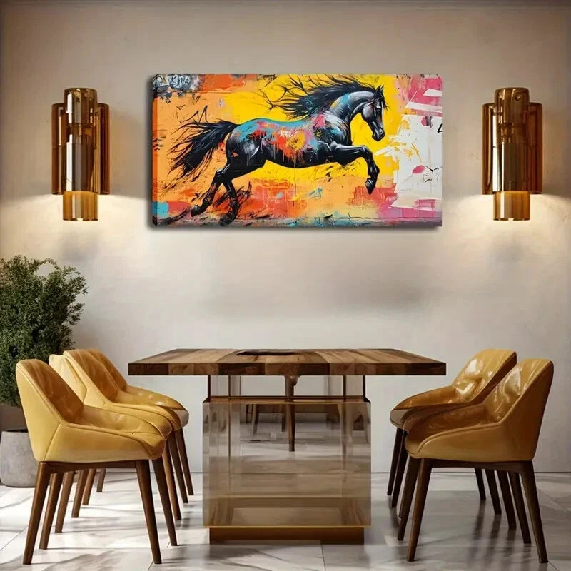 Vibrant  Abstract Horse Black Wall Art Canvas Office Home Room Framed 120x60cm - Bella Home Decor