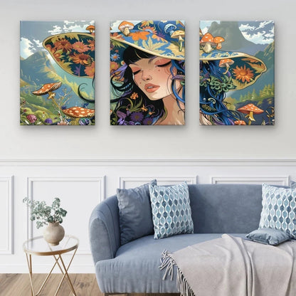 3pcs Cute Fantasy Girl with Floral Hat Wall Art Set Canvas Framed 50x70cm - High Quality Print 100% Australian Made Wall Canvas Ready to Hang