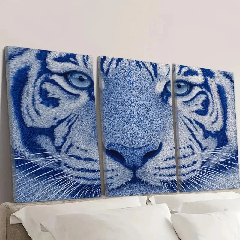 3pcs blue white tiger Wall Art Set Canvas Framed 50x70cm - High Quality Print 100% Australian Made Wall Canvas Ready to Hang - Bella Home Decor
