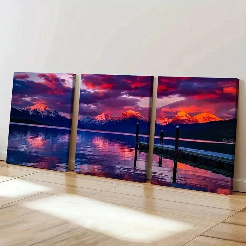 3pcs Snow Mountain Lake at Sunset Wall Art Set Canvas Framed 50x70cm - High Quality Print 100% Australian Made Wall Canvas Ready to Hang - Bella Home Decor