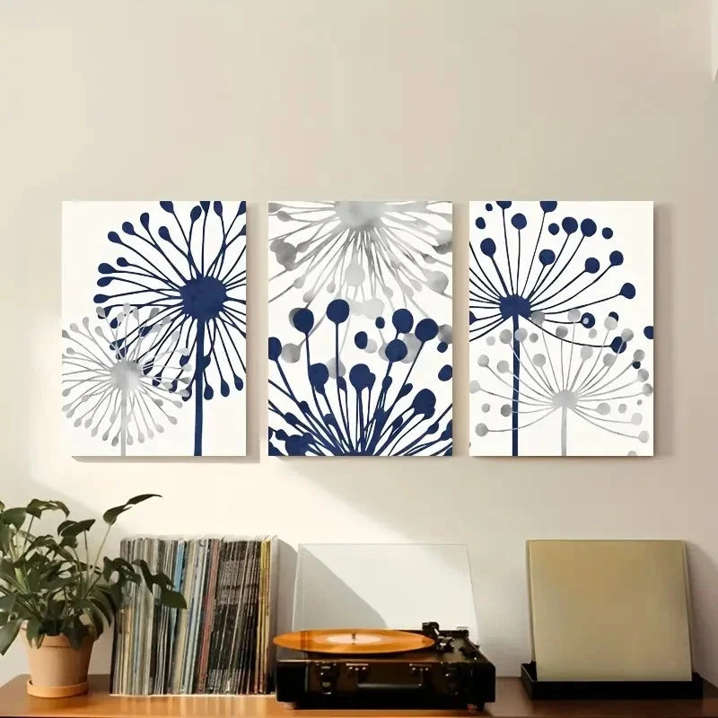 3pcs Navy Blue and Grey Abstract Floral Metal Print Ready to Hang Art