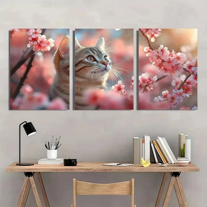 3pcs Cherry Blossom Cat Spring Themed Metal Print Ready to Hang Art - Bella Home Decor