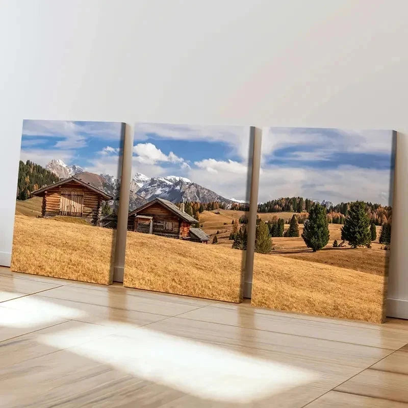 3pcs Plateau Mountains and Huts Modern  Wall Art Set Canvas Framed 40x60cm - High Quality Print 100% Australian Made Wall Canvas Ready to Hang - Bella Home Decor