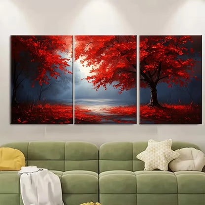 3pcs Blue Morning Mist With Red Leaves Metal Print Ready to Hang Art - Bella Home Decor