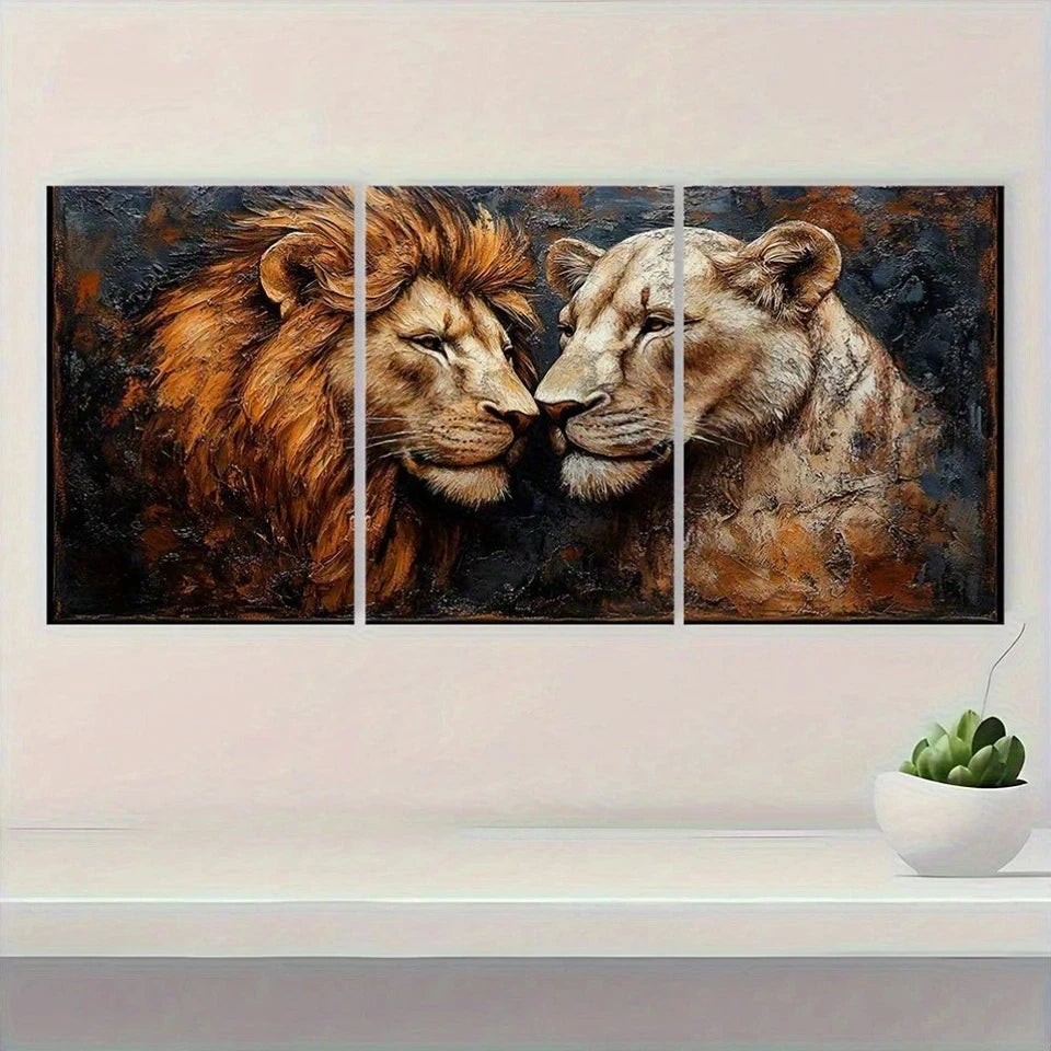 3pcs Lion Couple Majestic Black & Brown Lion Metal Print Ready to Hang Art - Bella Home Decor
