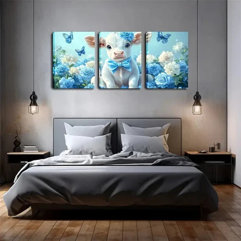 3pcs Blue Flowers Butterfly And Cute Calf  Wall Art Set Canvas Unframed - High Quality Print 100% Australian Made Wall Canvas - Bella Home Decor