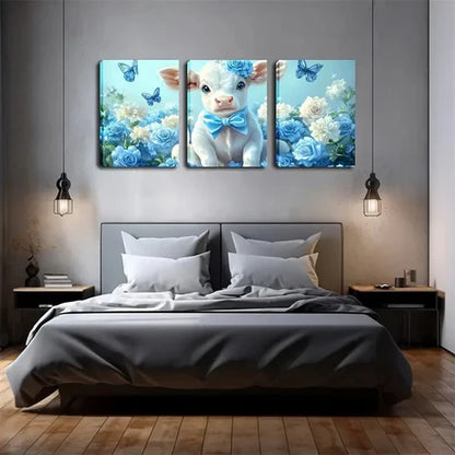 3pcs Blue Flowers Butterfly And Cute Calf  Wall Art Set Canvas Unframed - High Quality Print 100% Australian Made Wall Canvas - Bella Home Decor