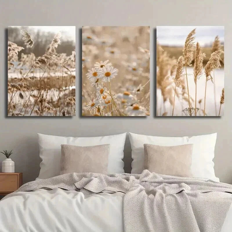 3pcs Botanical Daisy Wildflower Reed Perfect Wall Art Set Canvas Framed 50x70cm - High Quality Print 100% Australian Made Wall Canvas Ready to Hang - Bella Home Decor