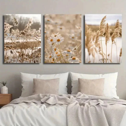 3pcs Botanical Daisy Wildflower Reed Perfect Wall Art Set Canvas Framed 50x70cm - High Quality Print 100% Australian Made Wall Canvas Ready to Hang - Bella Home Decor