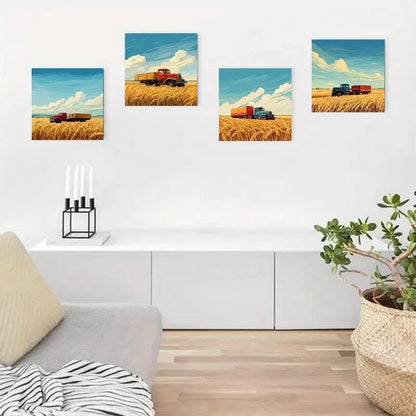 4pcsFarm Truck & Golden Wheat Field Wall Art Canvas Framed