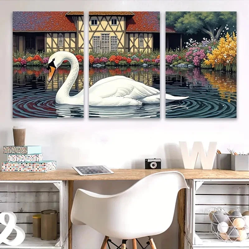 3pcs White Swan & Floral Cottage Scene Wall Art Set Canvas Framed 60x90cm - High Quality Print 100% Australian Made Wall Canvas Ready to Hang