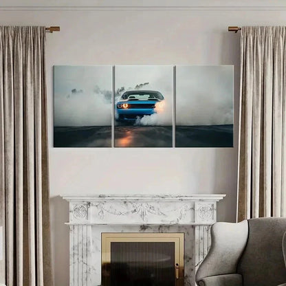 3pcs Dodge Blue Super Car Through Smoke Wall Art Set Canvas Framed 40x60cm - High Quality Print 100% Australian Made Wall Canvas Ready to Hang - Bella Home Decor