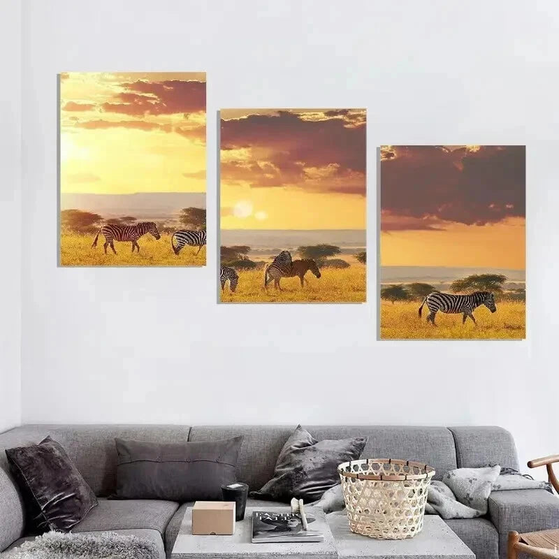 3pcs African Savannah Sunset Zebra Landscape Wall Art Set Canvas Framed 60x90cm - High Quality Print 100% Australian Made Wall Canvas Ready to Hang