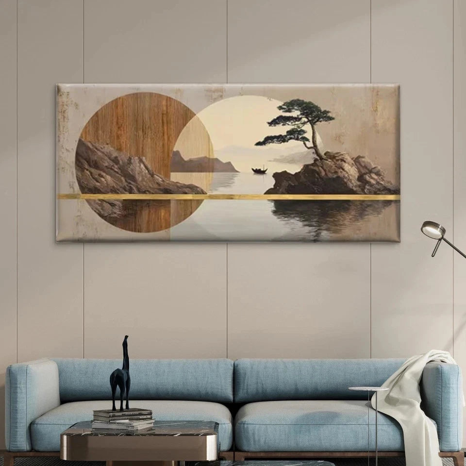 Golden, Tones - Modern Coastal Wall Art Canvas Office Home Room Framed 120x60cm
