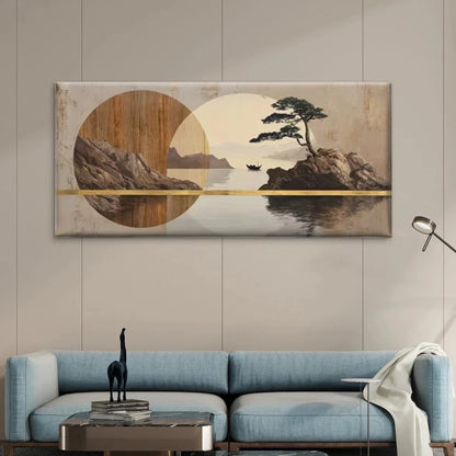Golden, Tones - Modern Coastal Wall Art Canvas Office Home Room Framed 120x60cm