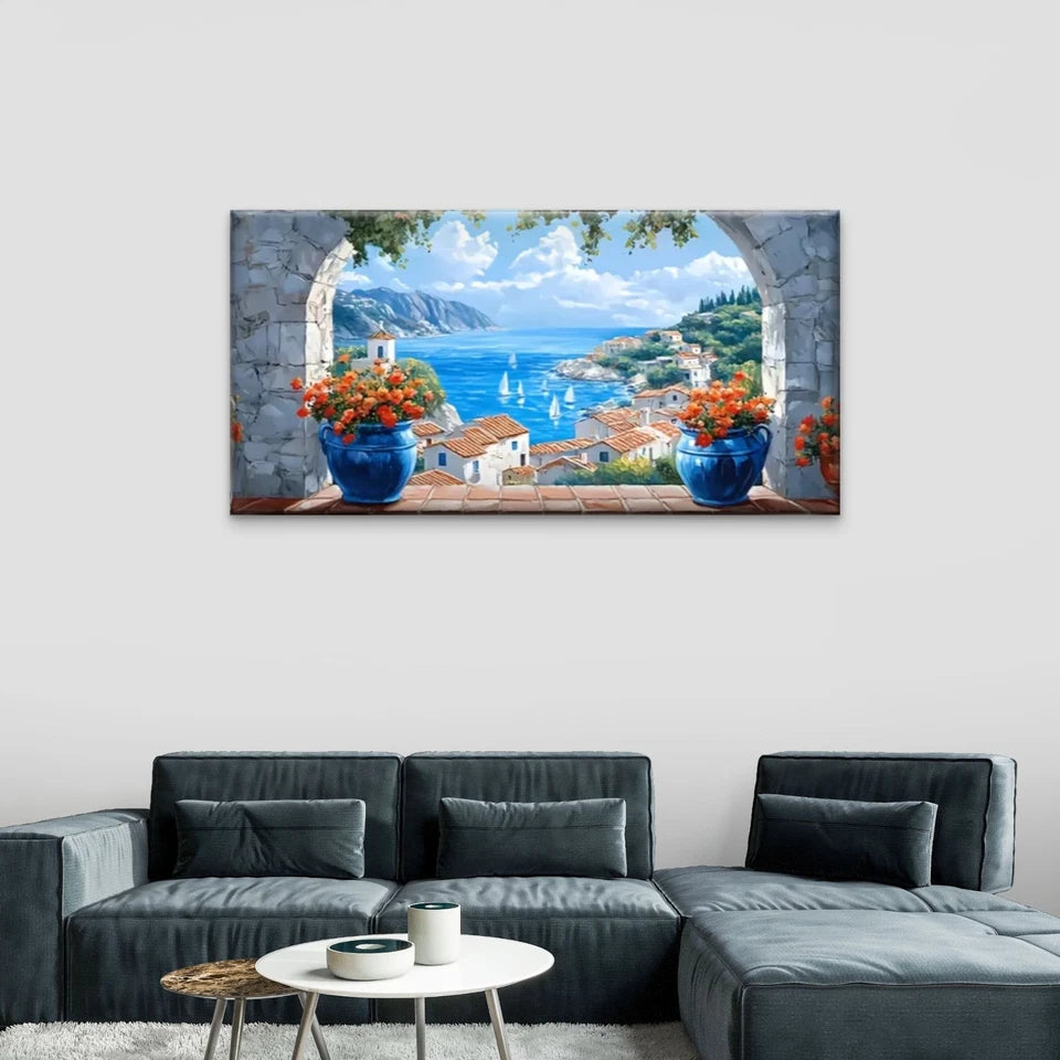 Serene Sea View From Window Wall Art Canvas Office Home Room Framed 120x60cm