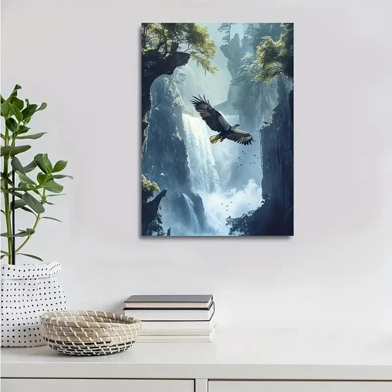 Dreamlike Eagle & Waterfall Scene Painting 40x60cm Metal Print Ready to Hang - Bella Home Decor