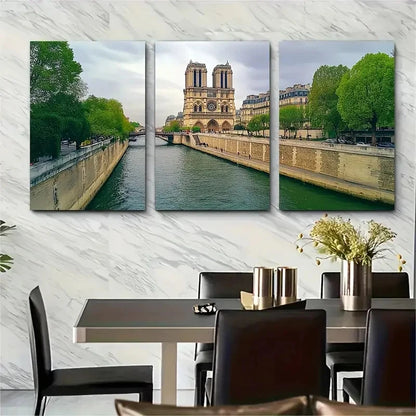 3pcs Tower & Seine River Scene Décor Perfect Wall Art Set Canvas Framed 40x60cm - High Quality Print 100% Australian Made Wall Canvas Ready to Hang