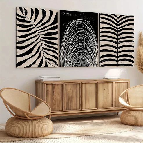 3pcs Abstract Plant Black Leaves White Bohemian Wall Art Set Canvas Unframed - High Quality Print 100% Australian Made Wall Canvas - Bella Home Decor