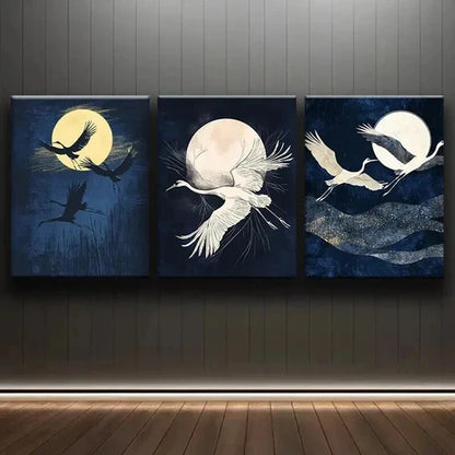 3pcs Cranes Fly Under the Moon Nature Perfect Wall Art Set Canvas Unframed - High Quality Print 100% Australian Made Wall Canvas - Bella Home Decor