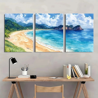 3pcs Sandy Beach Watercolor Coastal Scene Wall Art Set Canvas Framed 50x70cm - High Quality Print 100% Australian Made Wall Canvas Ready to Hang