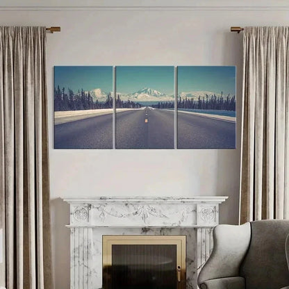 3pcs Snowy Mountains Road and Trees Wall Art Set Canvas Framed 50x70cm - High Quality Print 100% Australian Made Wall Canvas Ready to Hang