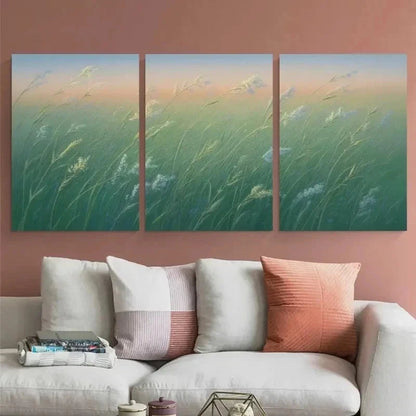 3pcs Serene Green Meadow with White Flowers  Wall Art Set Canvas Framed 50x70cm - High Quality Print 100% Australian Made Wall Canvas Ready to Hang