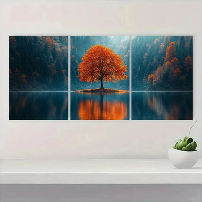3pcs Vibrant Autumn Tree Lake Reflection Metal Print Ready to Hang Art