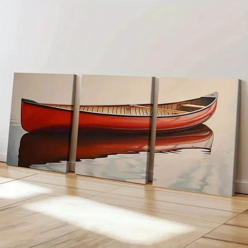 3pcs Red Canoe & Serene Water Reflection Wall Art Set Canvas Unframed - High Quality Print 100% Australian Made Wall Canvas