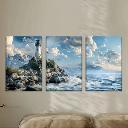 3pcs a lighthouse on a rocky shore with birds Wall Art Set Canvas Framed 60x90cm - High Quality Print 100% Australian Made Wall Canvas Ready to Hang - Bella Home Decor
