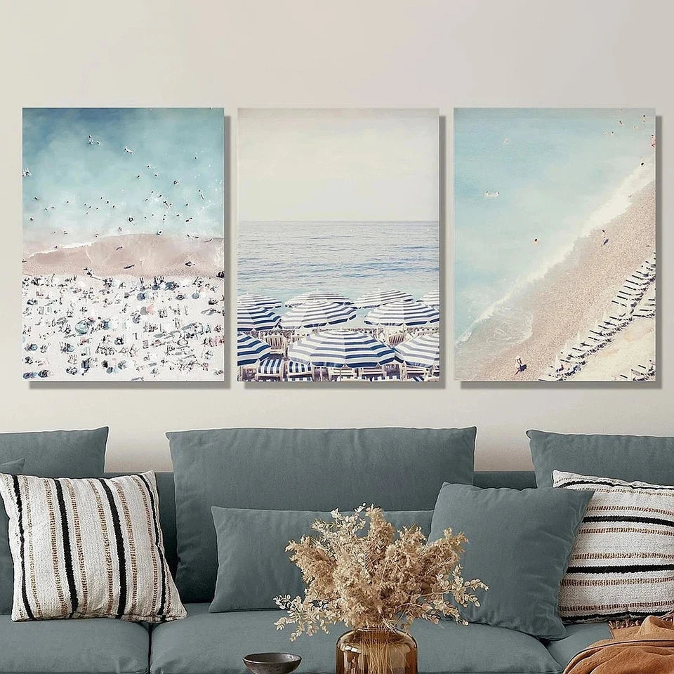 3pcs Blue and White Umbrella Sunshade Metal Print Ready to Hang Art - Bella Home Decor