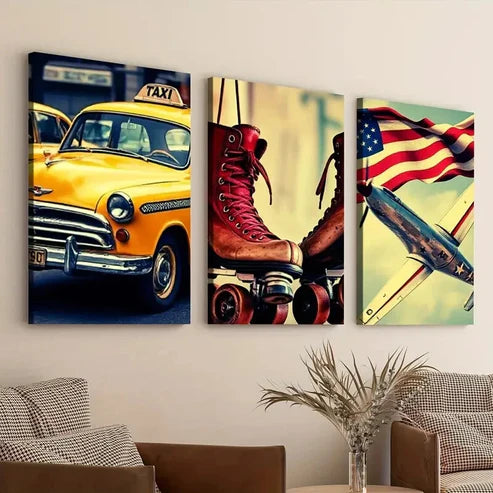 3pcs Retro American Classic Modern Style Car Wall Art Set Canvas Unframed - High Quality Print 100% Australian Made Wall Canvas