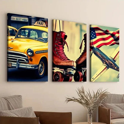 3pcs Retro American Classic Modern Style Car Wall Art Set Canvas Unframed - High Quality Print 100% Australian Made Wall Canvas