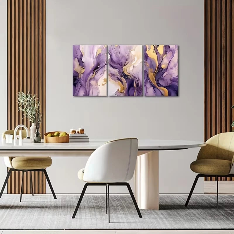 3pcs Purple And Golden Abstract Design Metal Print Ready to Hang Art