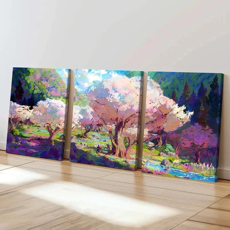 3pcs Watercolor Sakura Tree Anime Style Wall Art Set Canvas Framed 50x70cm - High Quality Print 100% Australian Made Wall Canvas Ready to Hang