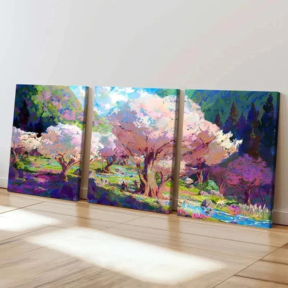 3pcs Watercolor Sakura Tree Anime Style Wall Art Set Canvas Framed 50x70cm - High Quality Print 100% Australian Made Wall Canvas Ready to Hang